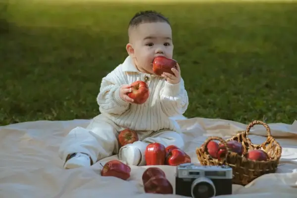 Cute baby playing with apples on a picnic mat outdoors in daylight.