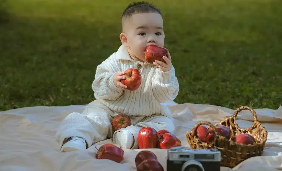 Cute baby playing with apples on a picnic mat outdoors in daylight.