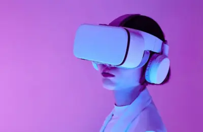 Woman explores virtual reality with VR goggles in modern studio light.