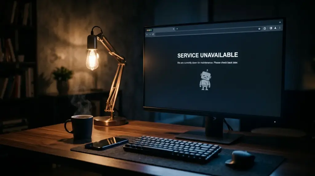 Fotografia ultra-realista de um monitor de computador em um escritório escuro exibindo uma mensagem de serviço indisponível com um ícone de robô, representando instabilidade na IA. Aviso do Claude fora do ar hoje
