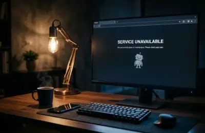 Fotografia ultra-realista de um monitor de computador em um escritório escuro exibindo uma mensagem de serviço indisponível com um ícone de robô, representando instabilidade na IA. Aviso do Claude fora do ar hoje