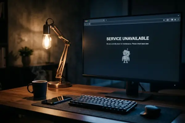 Fotografia ultra-realista de um monitor de computador em um escritório escuro exibindo uma mensagem de serviço indisponível com um ícone de robô, representando instabilidade na IA. Aviso do Claude fora do ar hoje