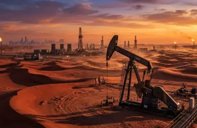 Fotografia ultra-realista de poços de petróleo e torres de extração no deserto dos Emirados Árabes Unidos durante o pôr do sol, com dunas de areia e iluminação cinematográfica, Emirados saem da Opep