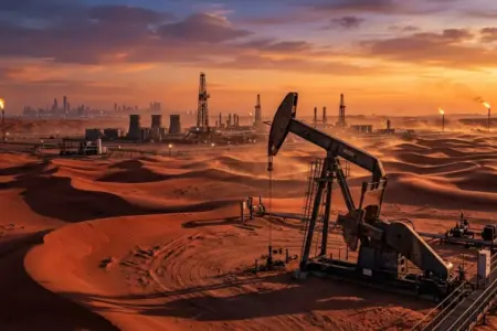 Fotografia ultra-realista de poços de petróleo e torres de extração no deserto dos Emirados Árabes Unidos durante o pôr do sol, com dunas de areia e iluminação cinematográfica, Emirados saem da Opep