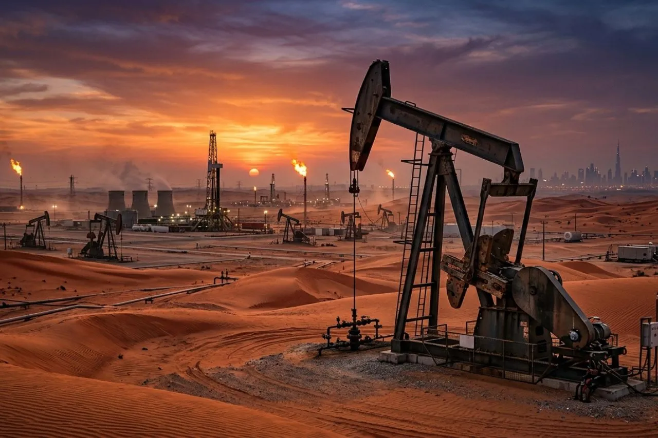 Fotografia ultra-realista de poços de petróleo e torres de extração no deserto dos Emirados Árabes Unidos durante o pôr do sol, com dunas de areia e iluminação cinematográfica.