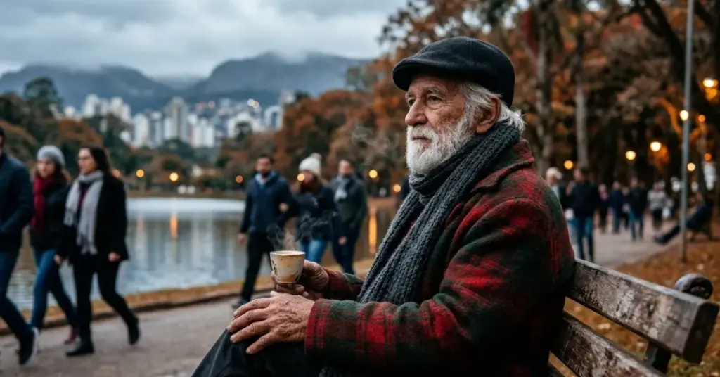Homem idoso com casaco de lã sentado em banco de parque em Belo Horizonte sob clima frio e nublado.