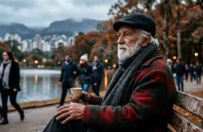 Homem idoso com casaco de lã sentado em banco de parque em Belo Horizonte sob clima frio e nublado.