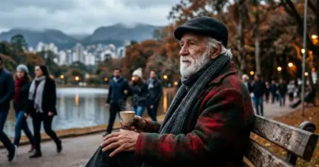 Homem idoso com casaco de lã sentado em banco de parque em Belo Horizonte sob clima frio e nublado.