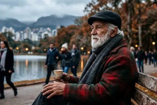 Homem idoso com casaco de lã sentado em banco de parque em Belo Horizonte sob clima frio e nublado.