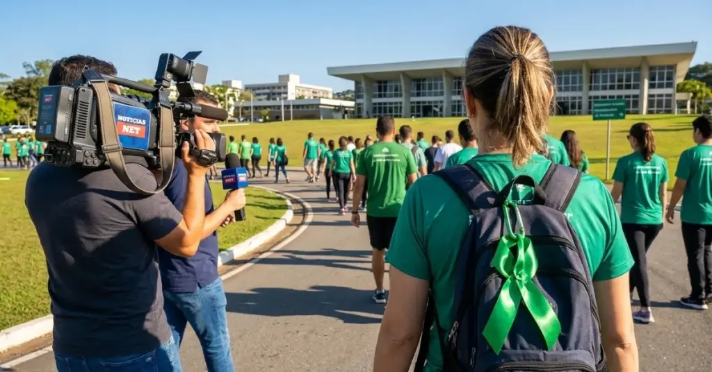 Pessoas vistas de costas caminhando pelo campus da UFJF vestindo camisetas verdes em apoio à campanha de segurança do trabalho Abril Verde ufjf.