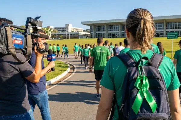Pessoas vistas de costas caminhando pelo campus da UFJF vestindo camisetas verdes em apoio à campanha de segurança do trabalho Abril Verde ufjf.