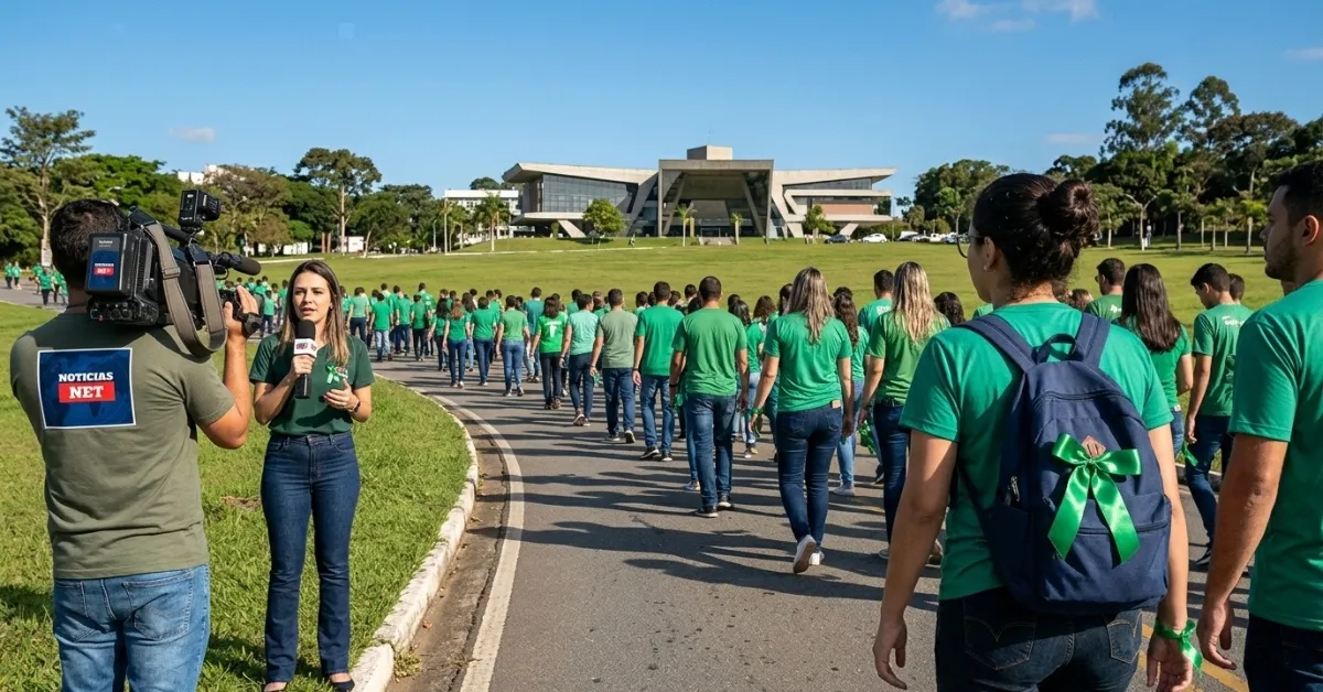 Pessoas vistas de costas caminhando pelo campus da UFJF vestindo camisetas verdes em apoio à campanha de segurança do trabalho Abril Verde.