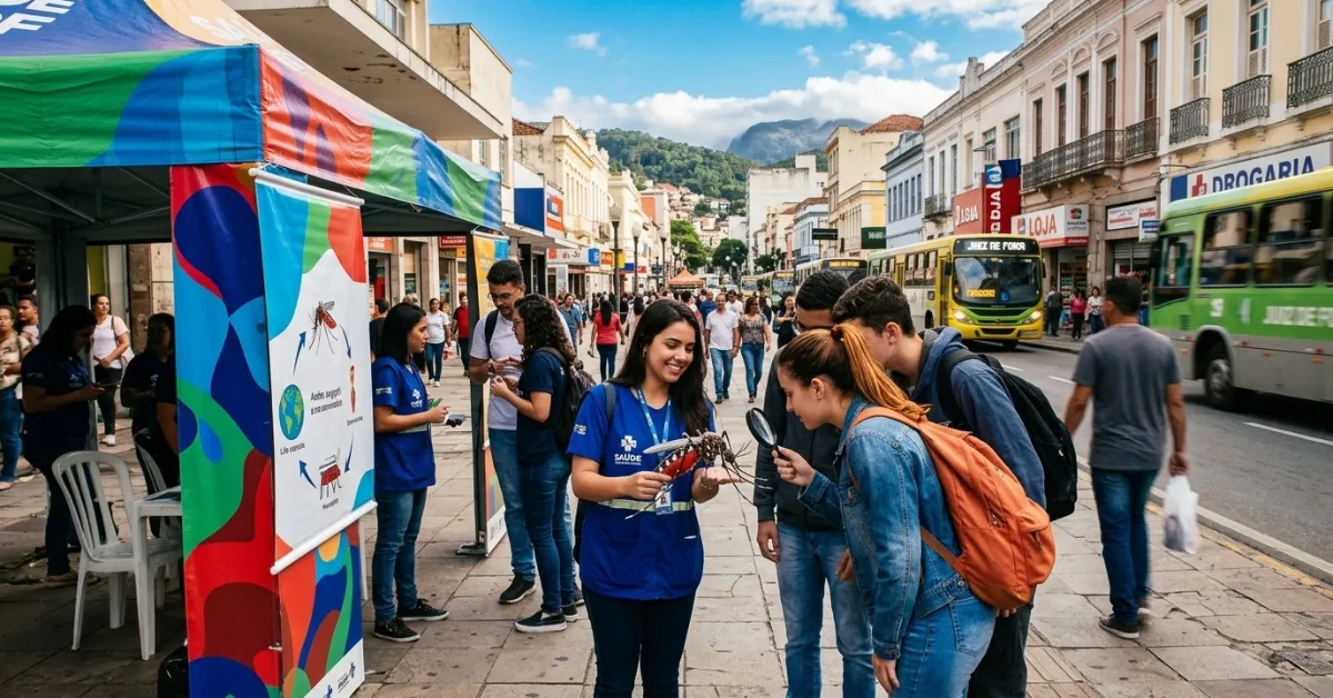 Imagem cinemática e angular em Juiz de Fora mostra agentes de saúde em uma barraca educativa na Rua Halfeld, explicando a estudantes sobre o mosquito Aedes aegypti com uma maquete, em um dia ensolarado e movimentado.