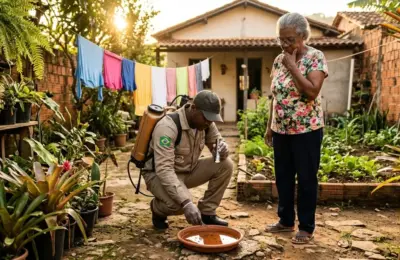 Fotografia ultra-realista mostra um agente de saúde da Zona da Mata inspecionando um vaso de planta com água acumulada no quintal de uma moradora idosa, buscando larvas do mosquito da dengue em um dia ensolarado.