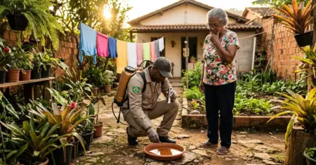 Fotografia ultra-realista mostra um agente de saúde da Zona da Mata inspecionando um vaso de planta com água acumulada no quintal de uma moradora idosa, buscando larvas do mosquito da dengue em um dia ensolarado.