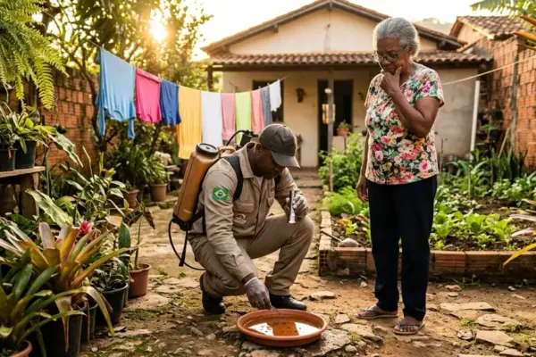 Fotografia ultra-realista mostra um agente de saúde da Zona da Mata inspecionando um vaso de planta com água acumulada no quintal de uma moradora idosa, buscando larvas do mosquito da dengue em um dia ensolarado.