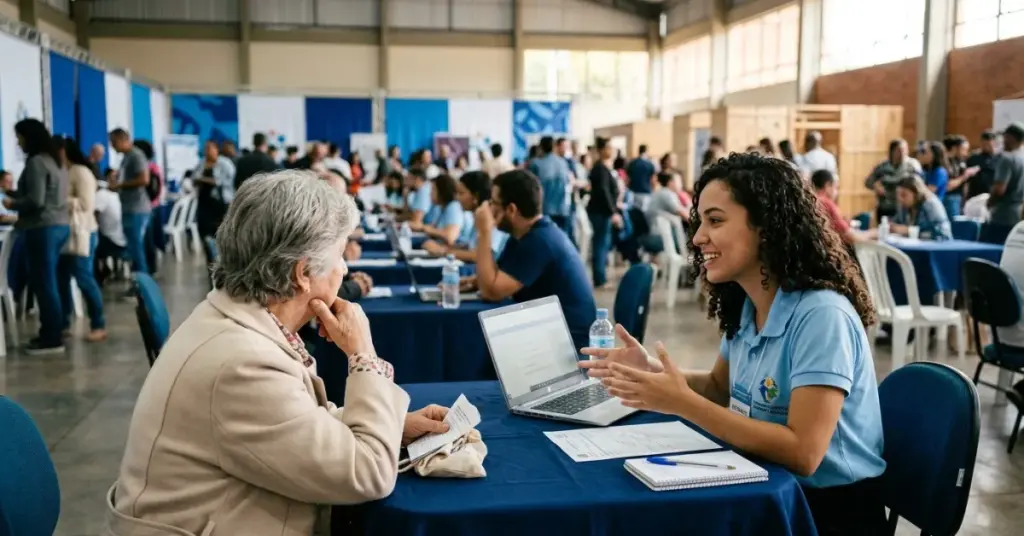 Fotografia ultra-realista de uma estudante de psicologia atendendo uma mulher idosa em uma mesa de negociação durante um mutirão de serviços em Juiz de Fora.