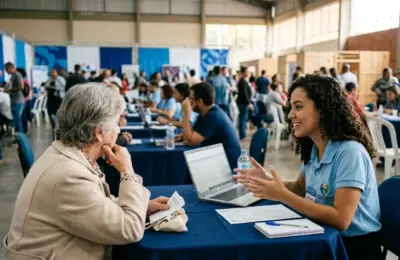 Fotografia ultra-realista de uma estudante de psicologia atendendo uma mulher idosa em uma mesa de negociação durante um mutirão de serviços em Juiz de Fora.
