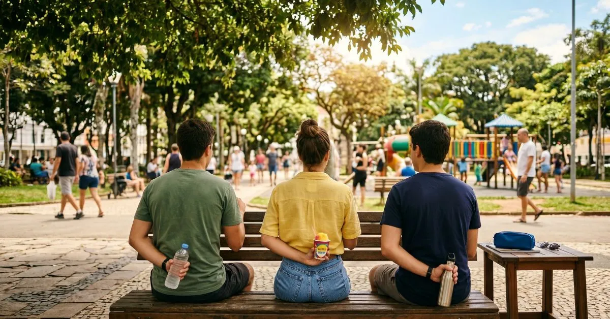 Imagem cinemática de três amigos sentados de costas sob a sombra de uma árvore na Praça Antônio Carlos em Juiz de Fora, conversando e tomando picolé em um dia de sol forte e calor.