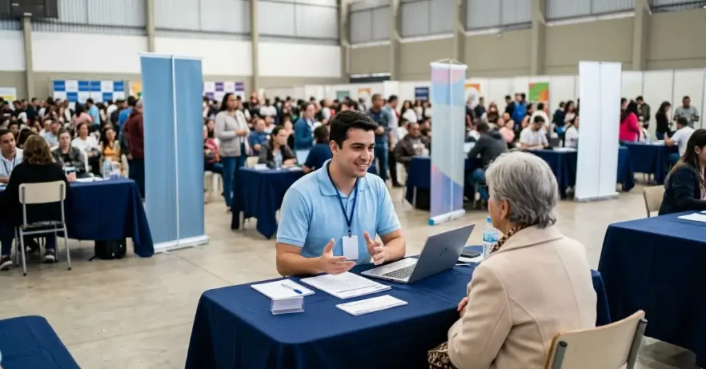 Fotografia ultra-realista de um atendente com camisa azul conversando com uma cliente idosa em uma mesa de negociação durante um mutirão de serviços em Juiz de Fora.