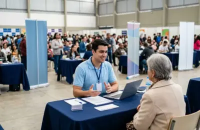 Fotografia ultra-realista de um atendente com camisa azul conversando com uma cliente idosa em uma mesa de negociação durante um mutirão de serviços em Juiz de Fora.