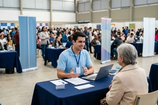 Fotografia ultra-realista de um atendente com camisa azul conversando com uma cliente idosa em uma mesa de negociação durante um mutirão de serviços em Juiz de Fora.