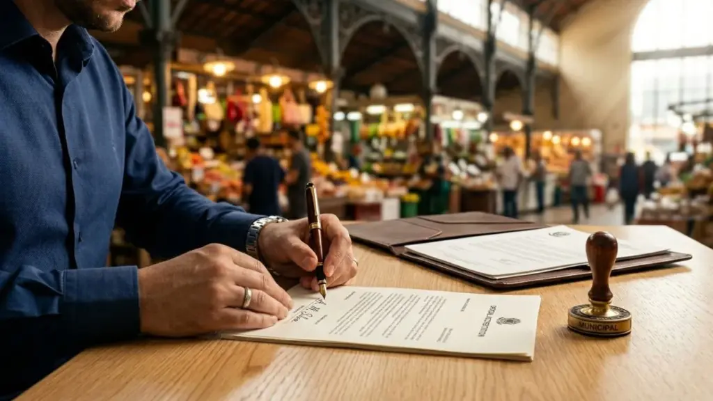 Close-up das mãos de uma pessoa assinando documentos de credenciamento sobre uma mesa de madeira, com o fundo desfocado do credenciamento Mercado Municipal de Juiz de Fora.