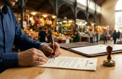 Close-up das mãos de uma pessoa assinando documentos de credenciamento sobre uma mesa de madeira, com o fundo desfocado do credenciamento Mercado Municipal de Juiz de Fora.
