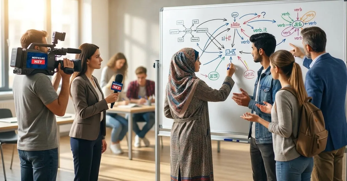 Imagem cinemática de três alunos e uma professora, vistos de costas, interagindo e escrevendo em um quadro branco com diagramas gramaticais em uma sala de aula.