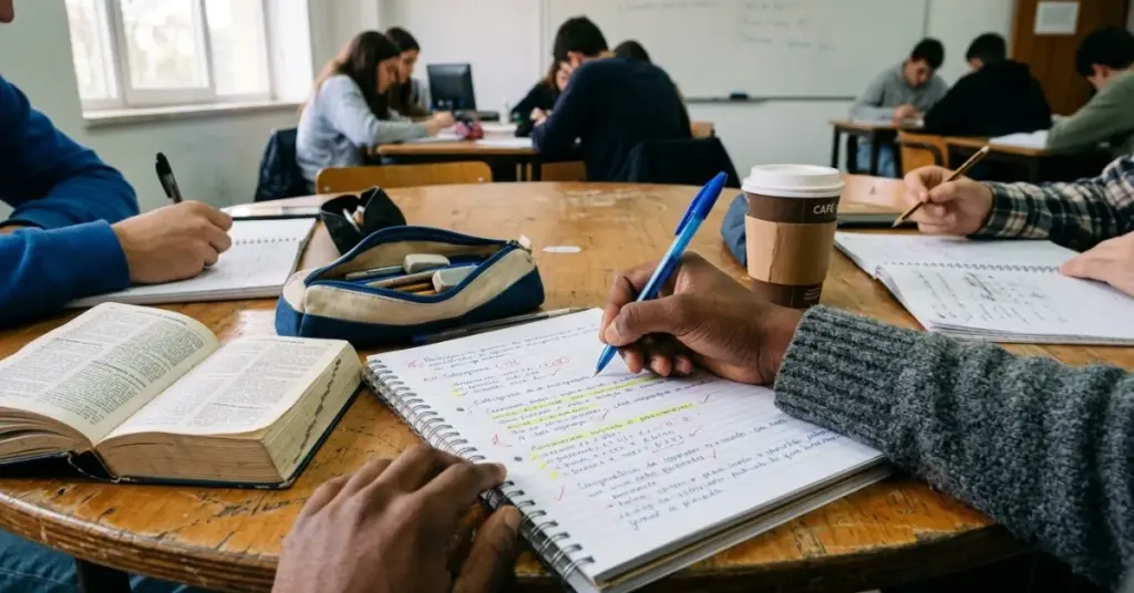 Fotografia em ângulo de primeira pessoa (POV) mostrando as mãos de um aluno escrevendo em um caderno de exercícios de Português em uma mesa de sala de aula do Curso de Português para Migrantes.