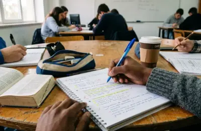 Fotografia em ângulo de primeira pessoa (POV) mostrando as mãos de um aluno escrevendo em um caderno de exercícios de Português em uma mesa de sala de aula do Curso de Português para Migrantes.