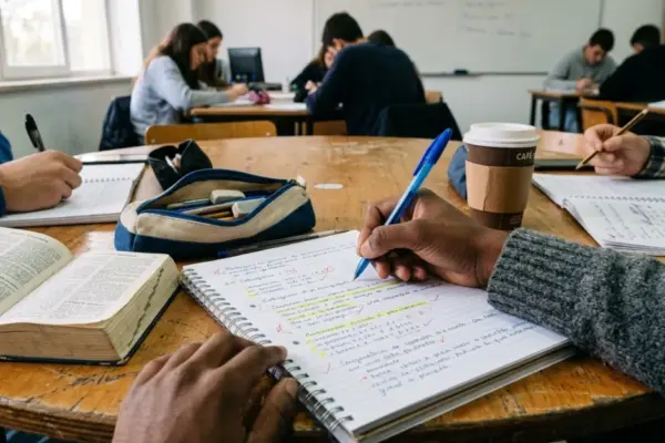 Fotografia em ângulo de primeira pessoa (POV) mostrando as mãos de um aluno escrevendo em um caderno de exercícios de Português em uma mesa de sala de aula do Curso de Português para Migrantes.