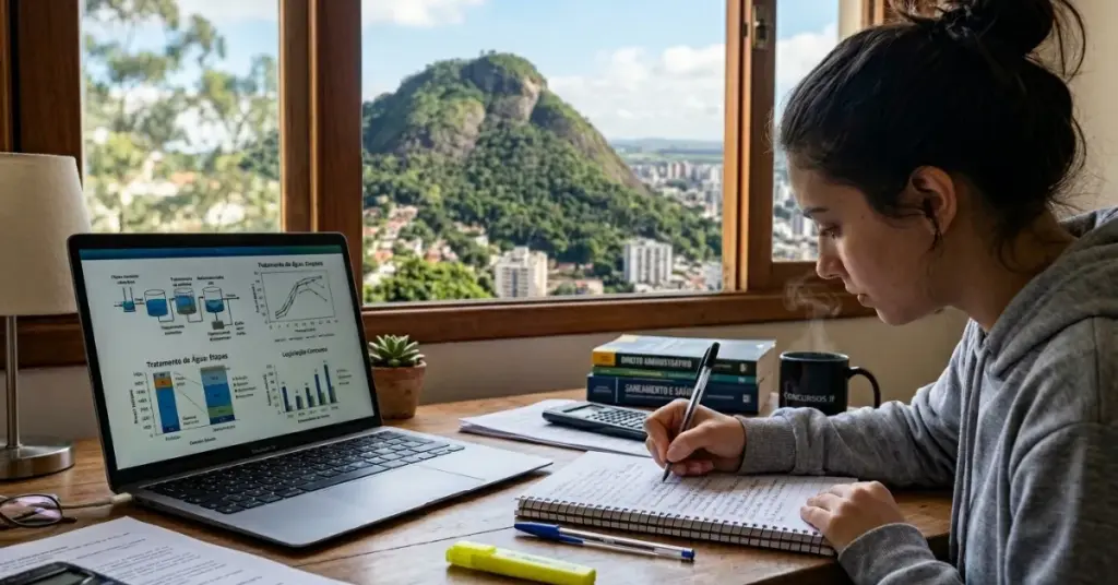 Mesa de estudos com notebook, caderno e café, simbolizando a preparação de um candidato para o concurso da CESAMA em Juiz de Fora.