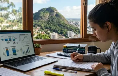 Mesa de estudos com notebook, caderno e café, simbolizando a preparação de um candidato para o concurso da CESAMA em Juiz de Fora.