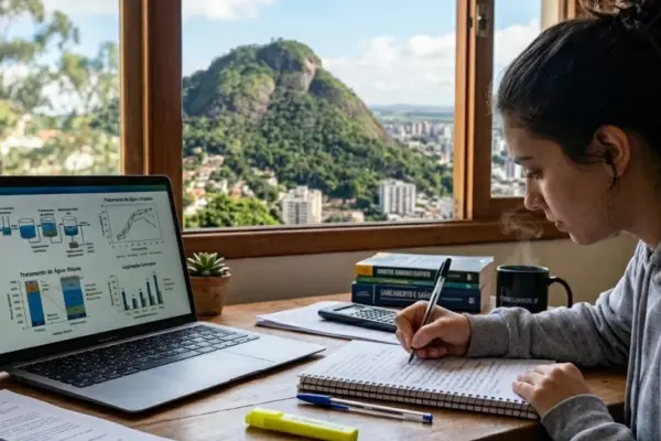 Mesa de estudos com notebook, caderno e café, simbolizando a preparação de um candidato para o concurso da CESAMA em Juiz de Fora.