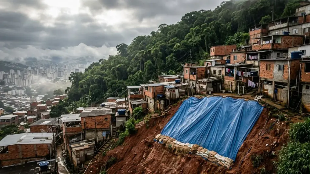 Fotografia aérea ultra-realista de uma encosta com ocupacao irregular em Juiz de Fora com casas construídas em terreno íngreme, solo exposto e lona azul de proteção contra deslizamentos.