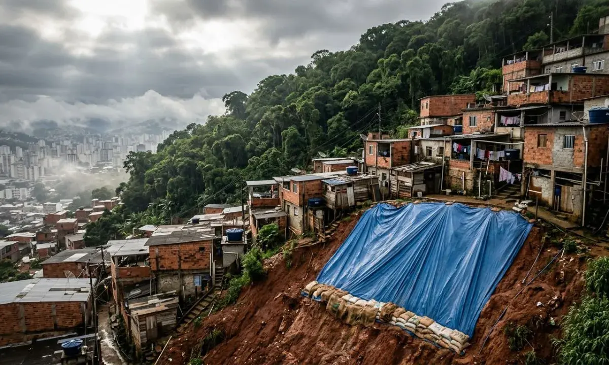 Fotografia aérea ultra-realista de uma encosta com ocupacao irregular em Juiz de Fora com casas construídas em terreno íngreme, solo exposto e lona azul de proteção contra deslizamentos.
