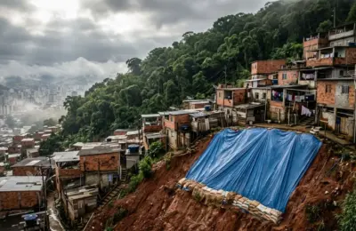 Fotografia aérea ultra-realista de uma encosta com ocupacao irregular em Juiz de Fora com casas construídas em terreno íngreme, solo exposto e lona azul de proteção contra deslizamentos.