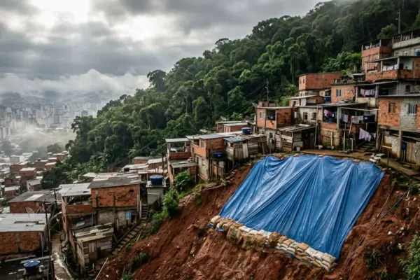 Fotografia aérea ultra-realista de uma encosta com ocupacao irregular em Juiz de Fora com casas construídas em terreno íngreme, solo exposto e lona azul de proteção contra deslizamentos.