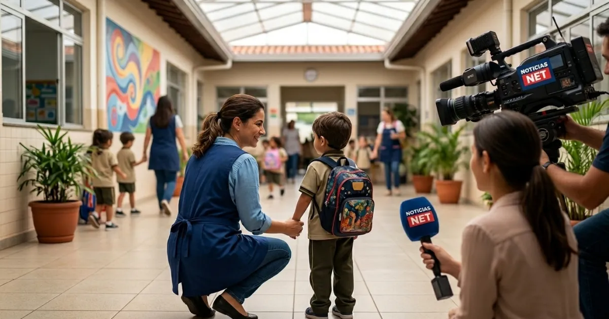 Imagem cinemática ultra-realista de uma professora agachada de costas acolhendo um aluno também de costas em um pátio de escola municipal em Juiz de Fora, após reabertura.