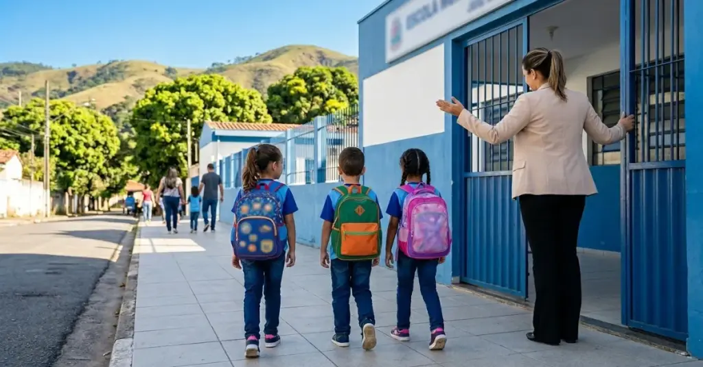 Fotografia ultra-realista em Escolas municipais Juiz de Fora mostrando três alunos de costas caminhando para a entrada de uma escola municipal reaberta após as chuvas, sob sol forte.