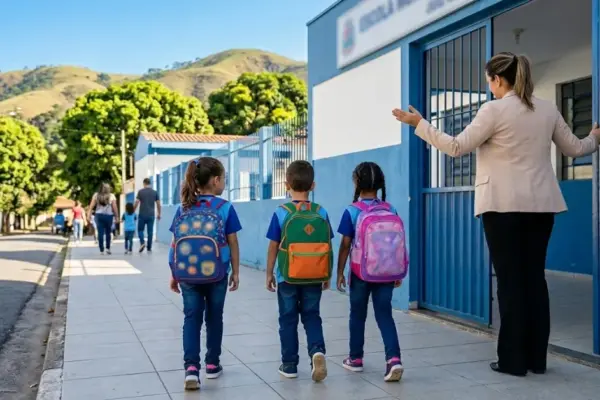 Fotografia ultra-realista em Escolas municipais Juiz de Fora mostrando três alunos de costas caminhando para a entrada de uma escola municipal reaberta após as chuvas, sob sol forte.