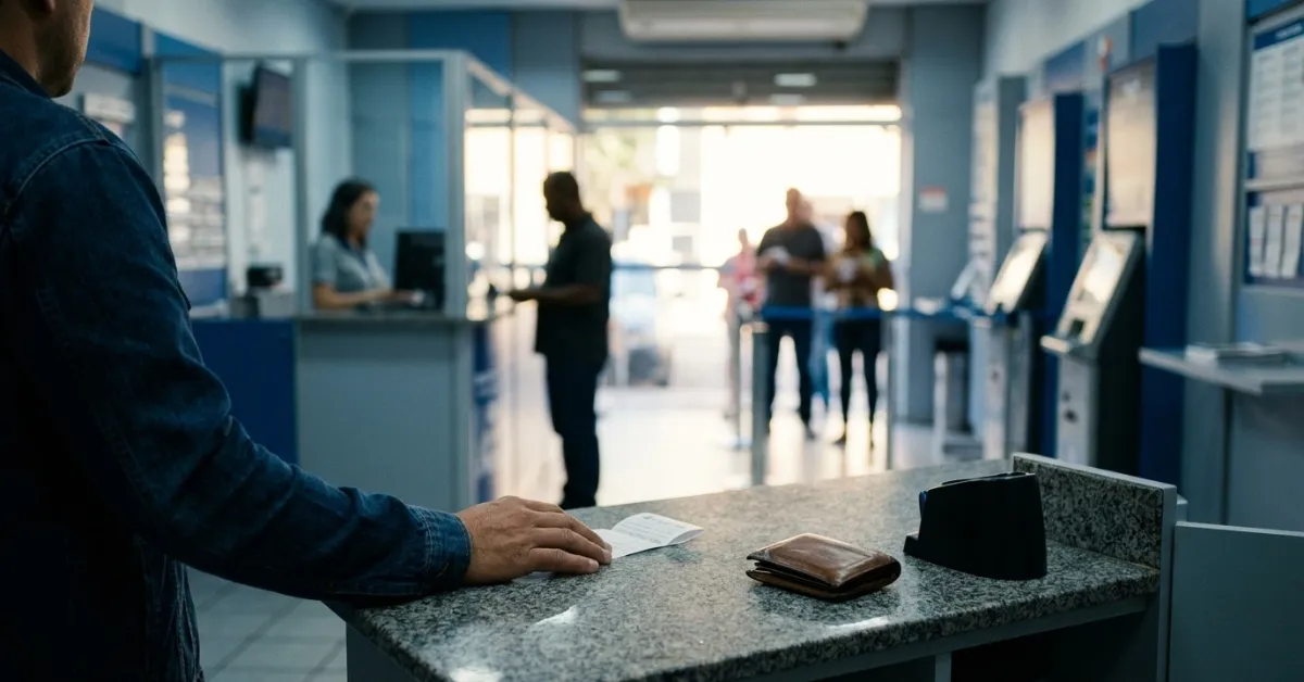Perspectiva interna de uma lotérica em Juiz de Fora mostrando um cliente no balcão e outros ao fundo em fila desfocada.