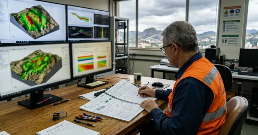 Fotografia em ângulo de primeira pessoa (POV) das mãos de um geólogo da Laudo Morro do Cristo analisando um laudo técnico impresso e mapas topográficos 3D da encosta do Morro do Cristo em Juiz de Fora.