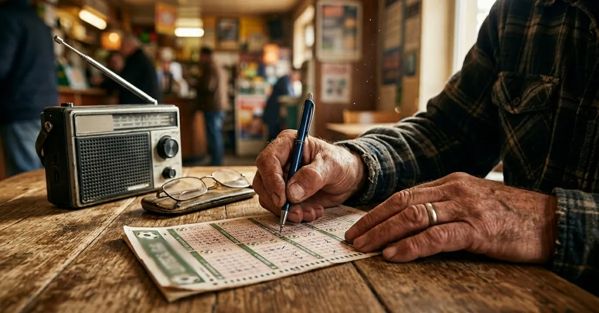 Close-up das mãos de uma pessoa preenchendo um volante de apostas esportivas da Loteca sobre uma mesa de madeira com luz solar lateral.