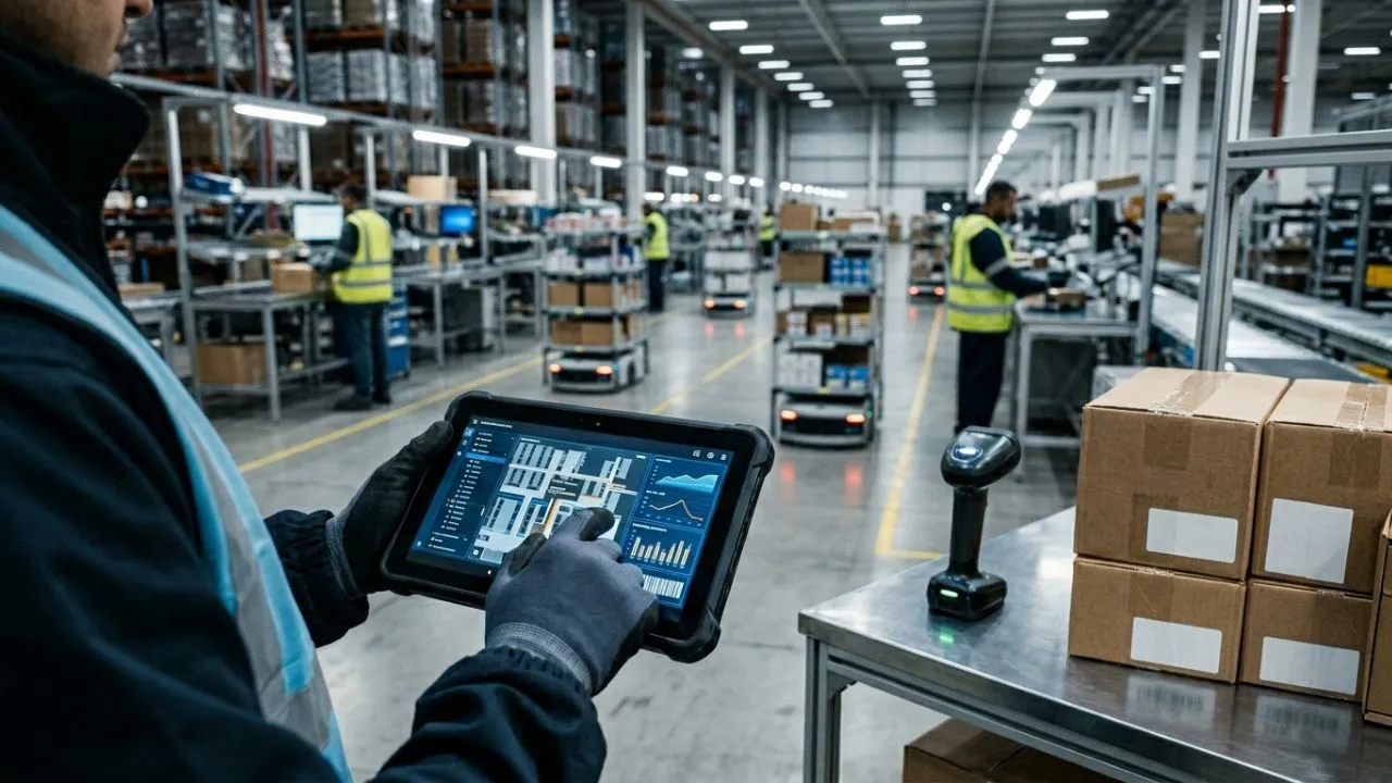 Imagem cinemática e angular em HD dentro de um centro de distribuição em Juiz de Fora, mostrando as mãos de um operador de logística usando um tablet para gerenciar robôs autônomos e inventário tecnológico.