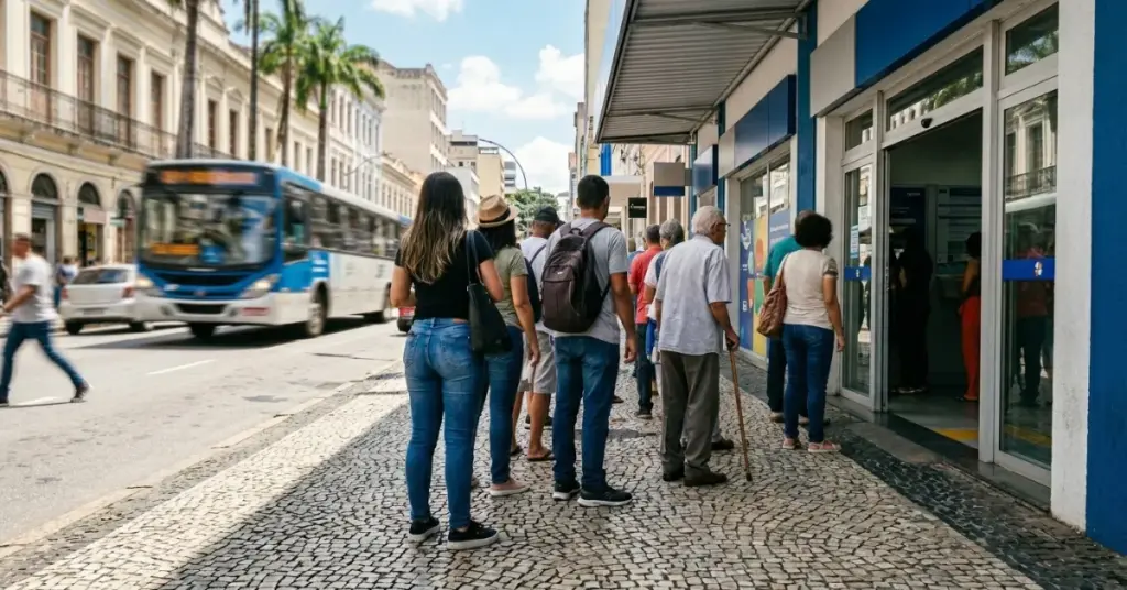 Vista lateral da calçada em Juiz de Fora com fila de pessoas entrando em uma casa lotérica azul e branca em um dia ensolarado.