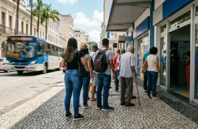 Vista lateral da calçada em Juiz de Fora com fila de pessoas entrando em uma casa lotérica azul e branca em um dia ensolarado.