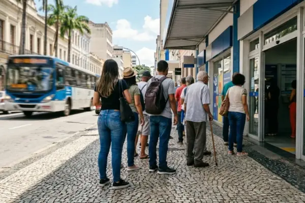 Vista lateral da calçada em Juiz de Fora com fila de pessoas entrando em uma casa lotérica azul e branca em um dia ensolarado.