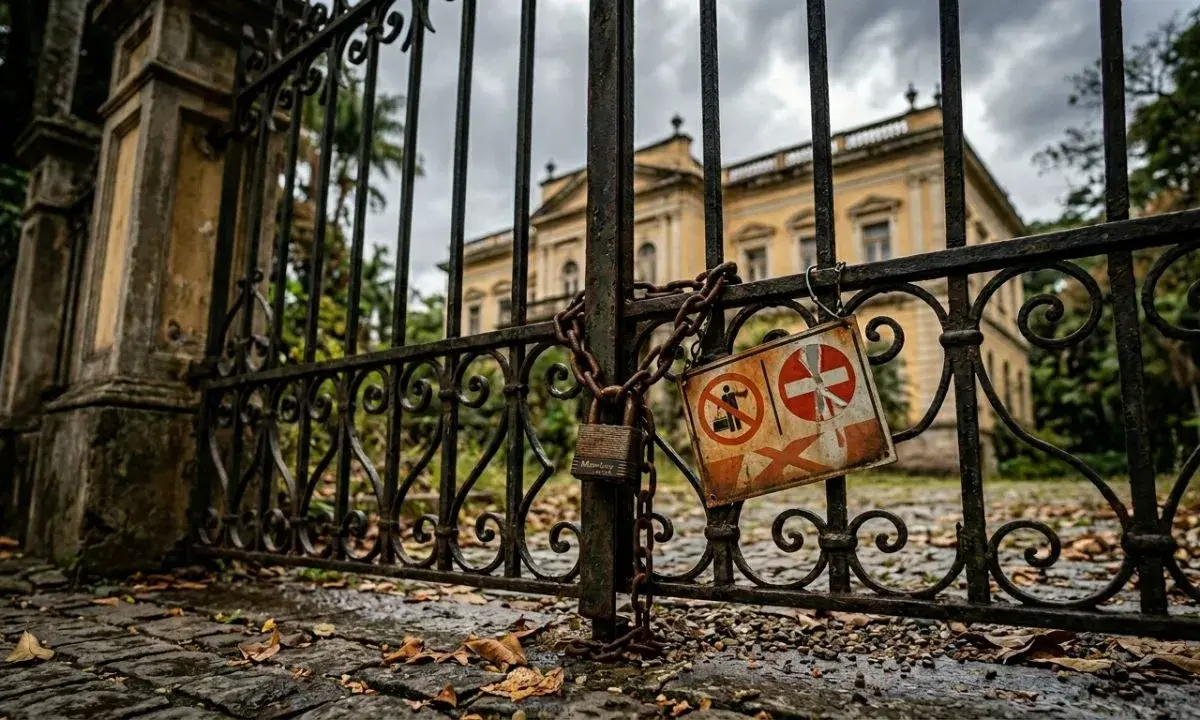 Fotografia ultra-realista Cartões-postais fechados do Museu Mariano Procópio em Juiz de Fora, com cadeado e placa de interdição, e a fachada do casarão histórico ao fundo sob céu nublado.